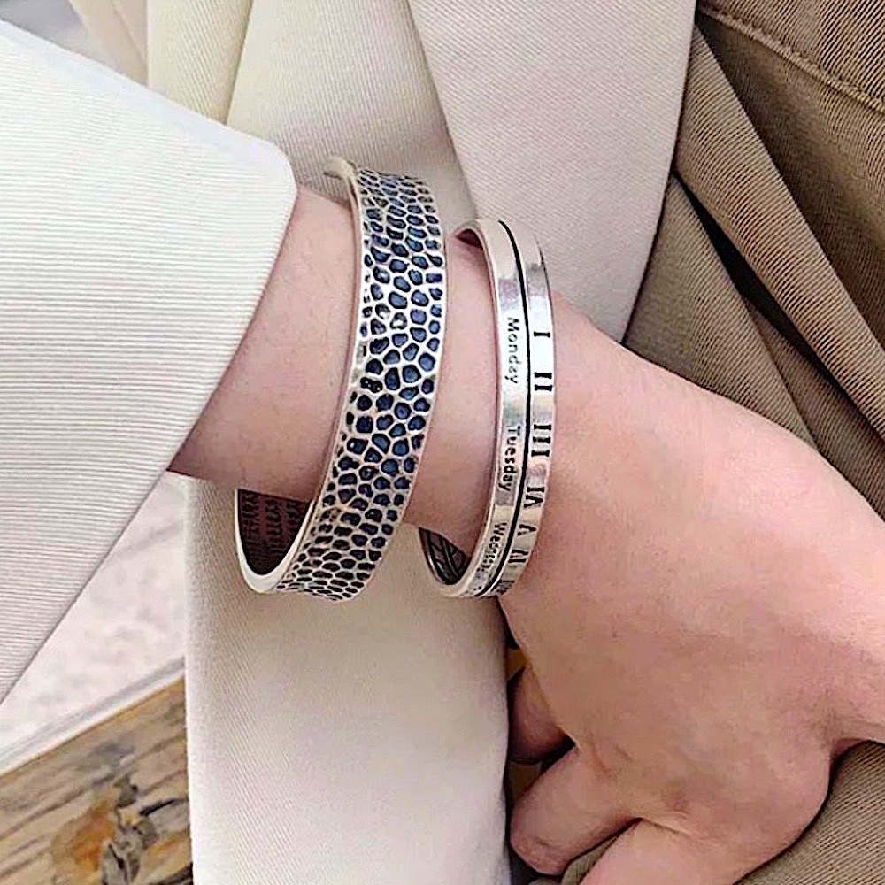 Sterling Silver Roman Numeral Bangle Cuff Bracelet - Picture 9 of 14